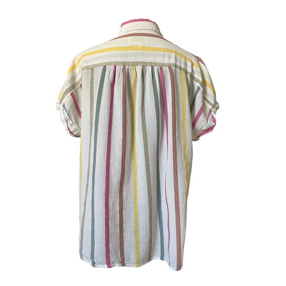 Ava & VIV muslin cotton vertical stripe cap sleeve button front collared top 14W - Picture 4 of 10